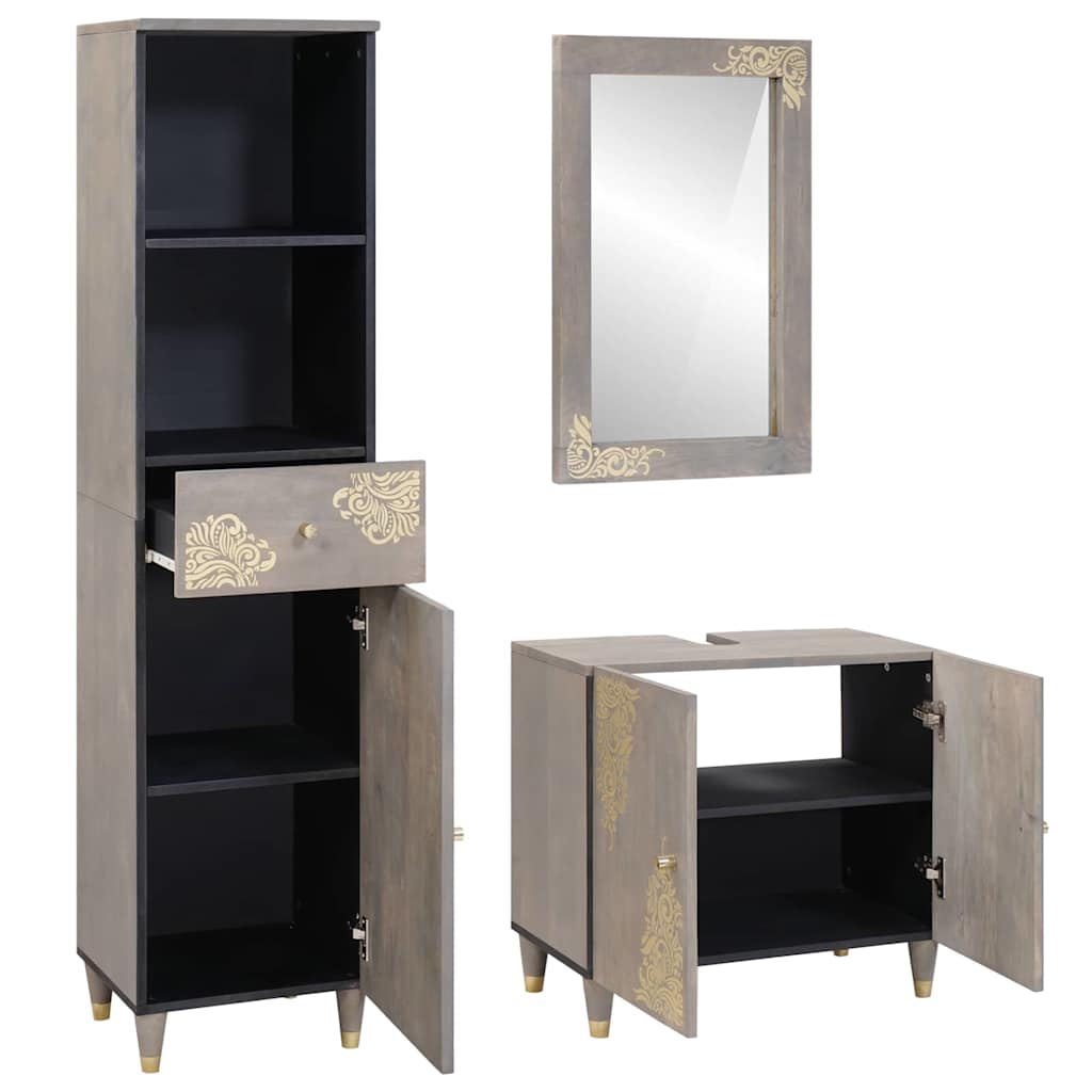 Σετ Ντουλαπιών Μπάνιου με συρτάρι 3 pcs Γκρι Στερεό ξύλο μάνγκο