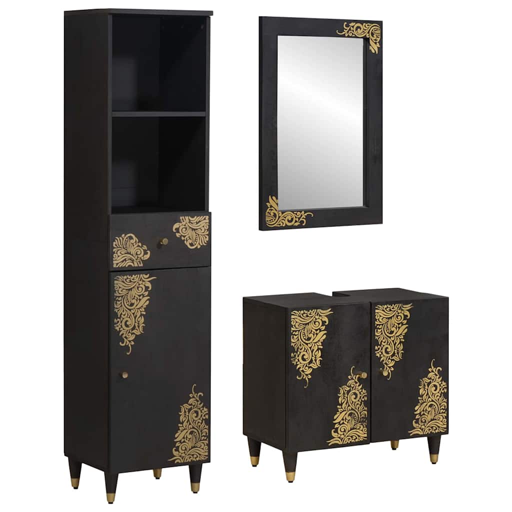 Σετ Ντουλαπιών Μπάνιου Επιτοίχιο 3 pcs Μαύρο Στερεό ξύλο μάνγκο