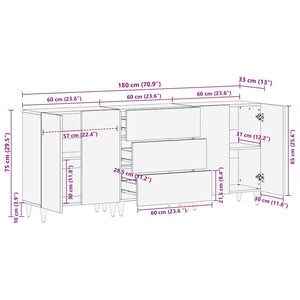 Σετ Μπουφέδων 3 pcs Καφέ 180 x 33 x 75 εκ. Στερεό ξύλο μάνγκο - Pakobazaar
