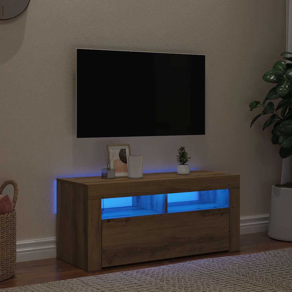 Έπιπλο Τηλεόρασης με LED Αρτισιανή Δρυς 90x35x40 εκ Επεξ.Ξύλο - Pakobazaar