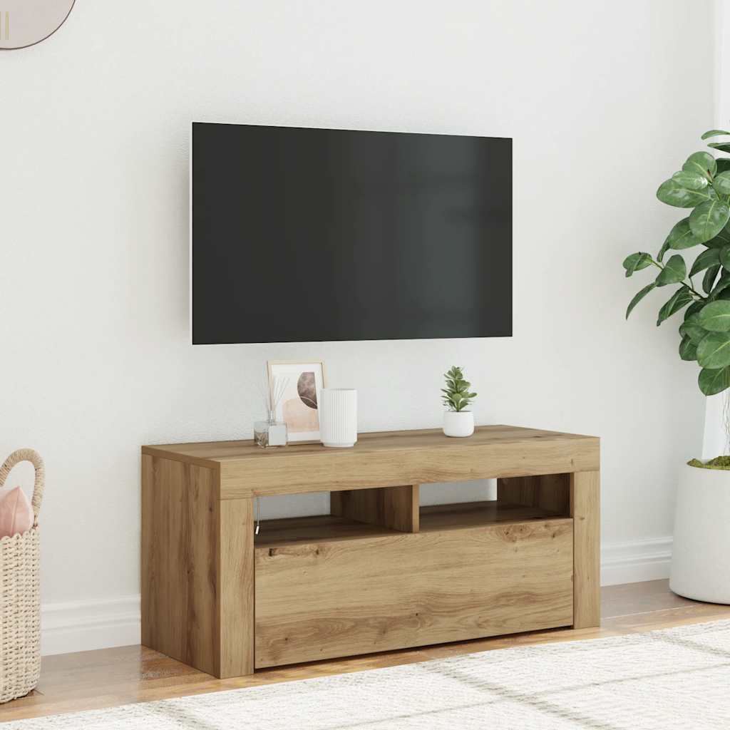 Έπιπλο Τηλεόρασης με LED Αρτισιανή Δρυς 90x35x40 εκ Επεξ.Ξύλο - Pakobazaar