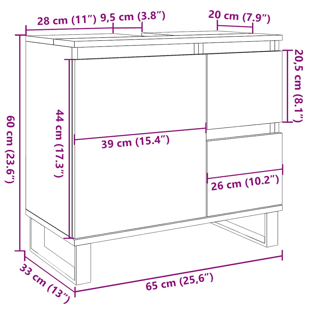 Ντουλάπι Μπάνιου Γκρι Σκυροδέματος 65x33x60 εκ. Επεξ. Ξύλο