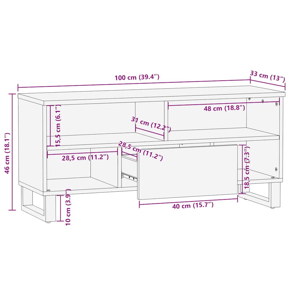 Έπιπλο Τηλεόρασης Μαύρο 100 x 33 x 46 εκ. από Μασίφ Ξύλο Μάνγκο