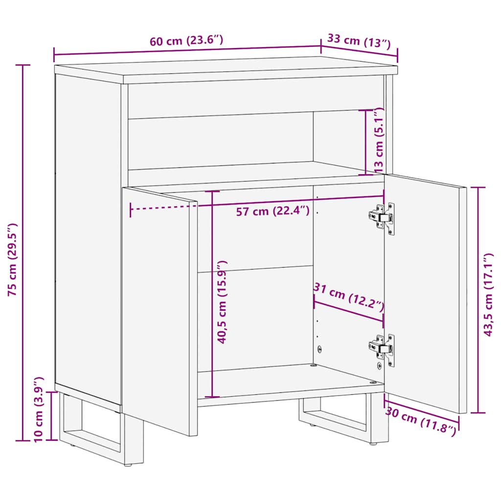 Μπουφές Μαύρο 60x33x75 cm Μασίφ Ξύλο Μάνγκο