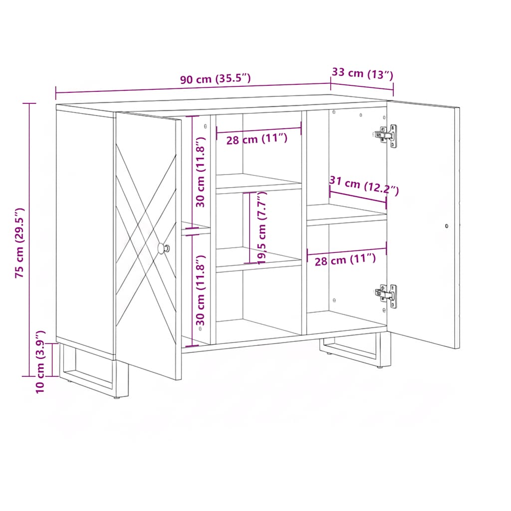 Σκευοθήκη μαύρο 90x33x75 cm μασίφ ξύλο Μάνγκο