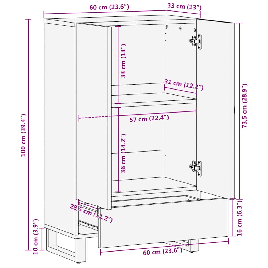 Ντουλάπι Μαύρο 60 x 33 x 110 εκ. από Μασίφ Ξύλο Μάνγκο - Pakobazaar