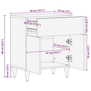 κομοδίνο ντουλάπι ανοιχτό γκρι 50x33x60 cm μασίφ ξύλο Mango