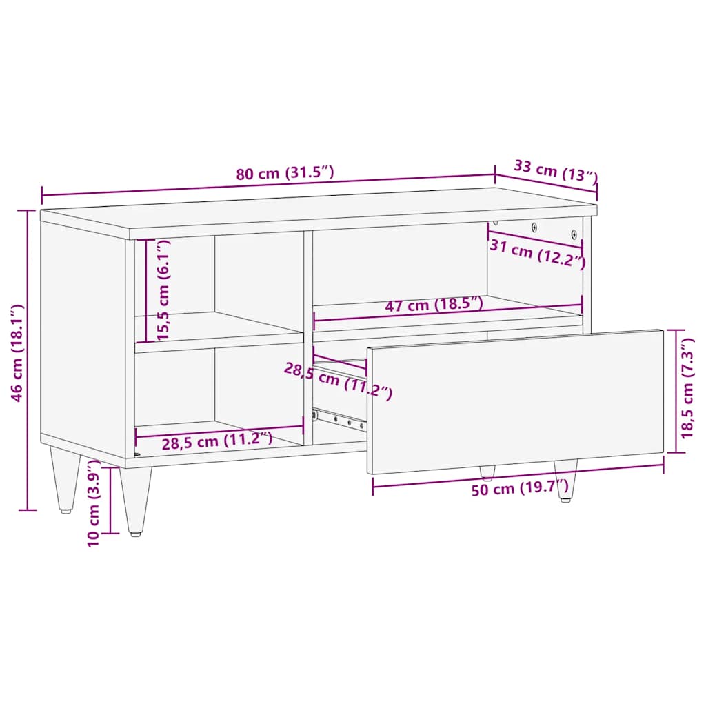 Έπιπλο Τηλεόρασης Μαύρο 80 x 33 x 46 εκ. από Μασίφ Ξύλο Μάνγκο
