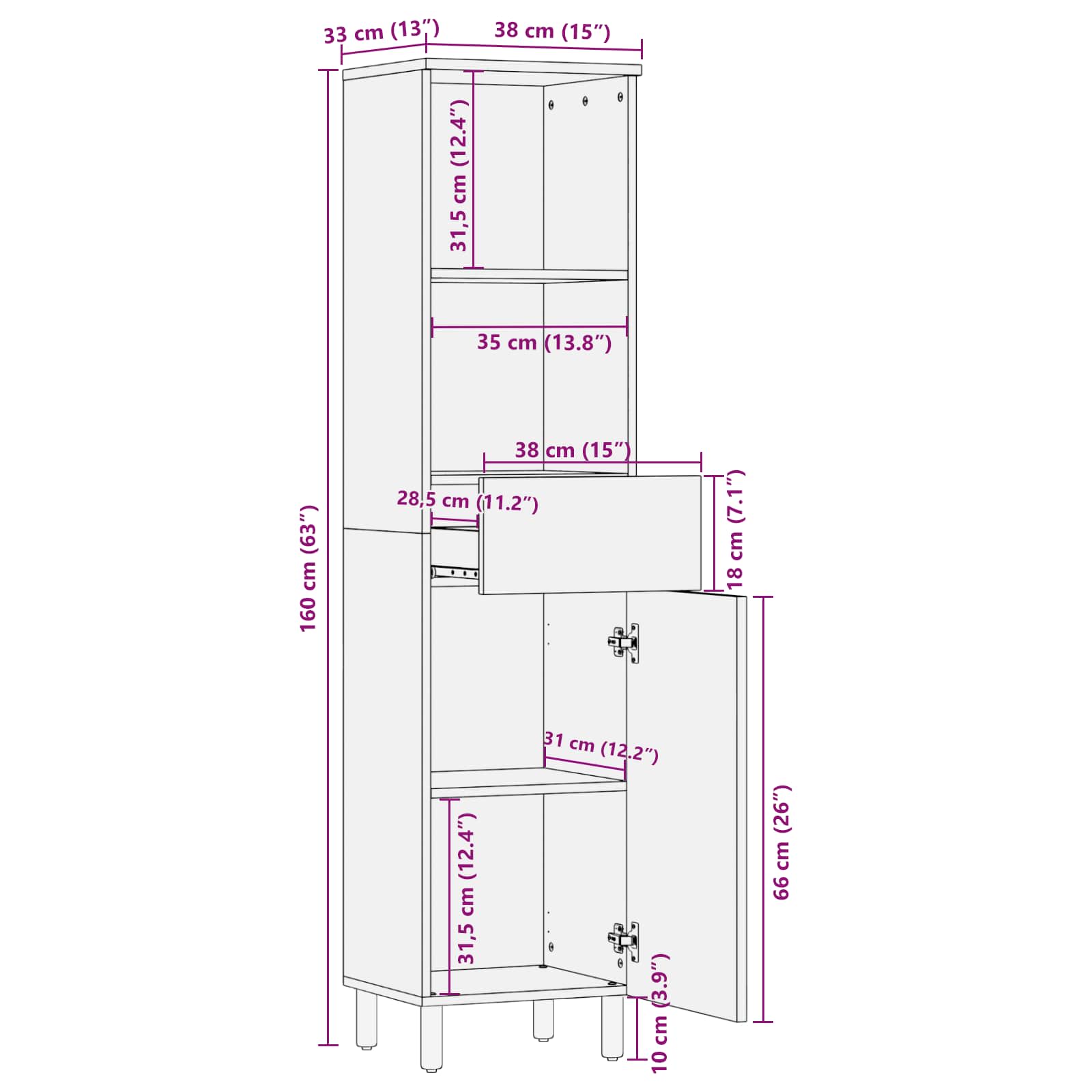 Ντουλάπι Μπάνιου με ράφι Μαύρο και Λευκό 38 x 33 x 160 εκ. - Pakobazaar