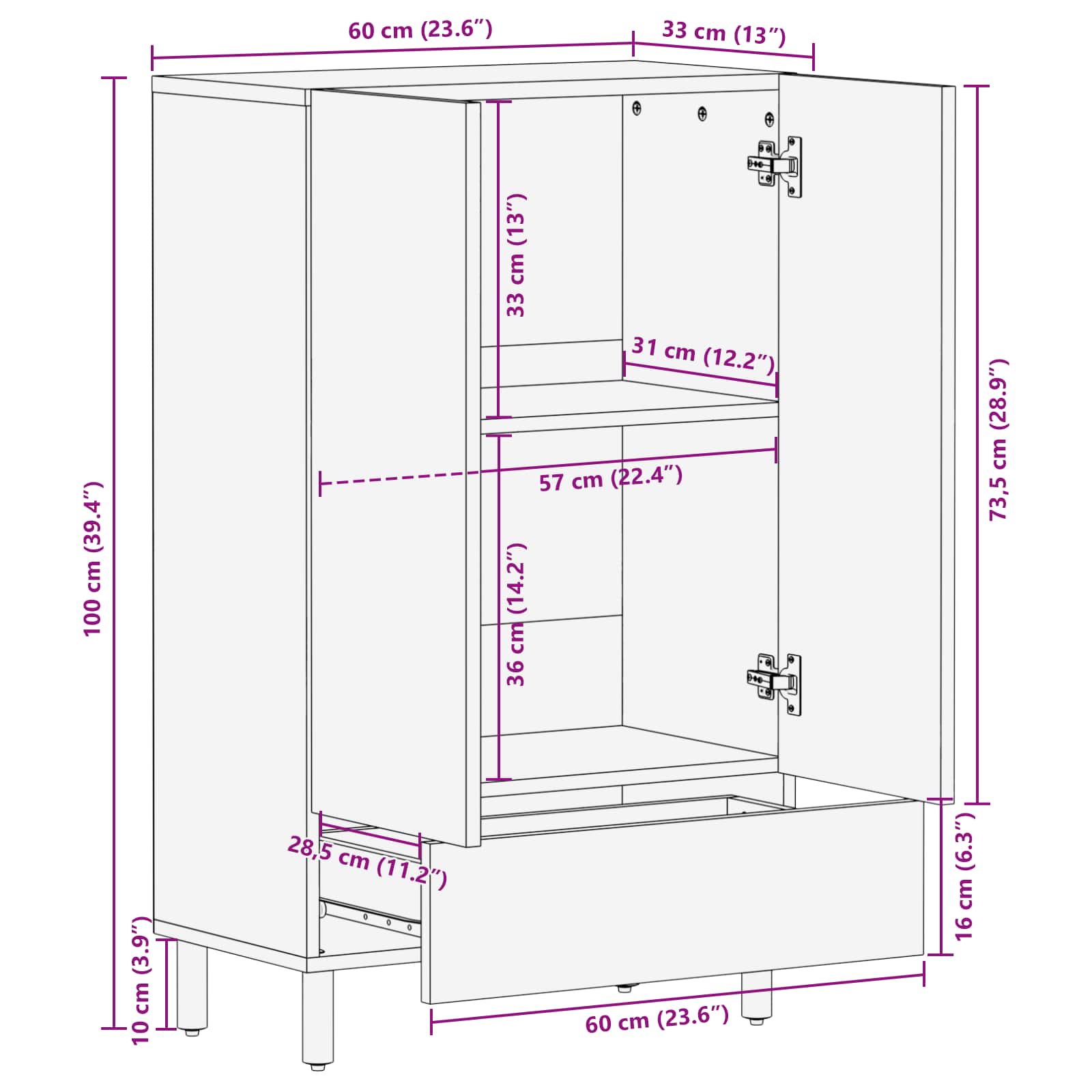 Highboard με πόρτα Λευκό Φινίρισμα Καθαρισμού 60 x 33 x 100 εκ.