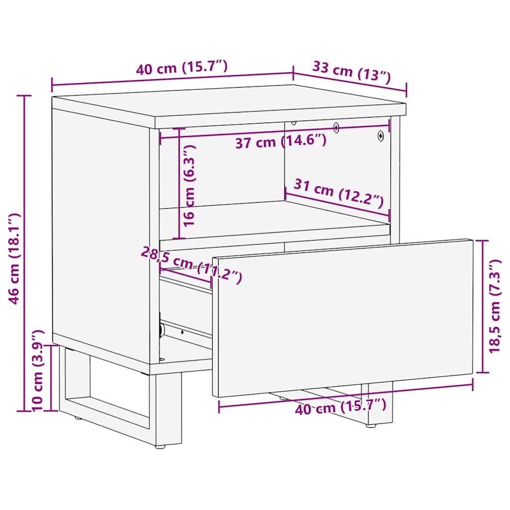 Κομοδίνο με συρτάρι Φυσικό 40 x 33 x 46 εκ. Στερεό ξύλο μάνγκο