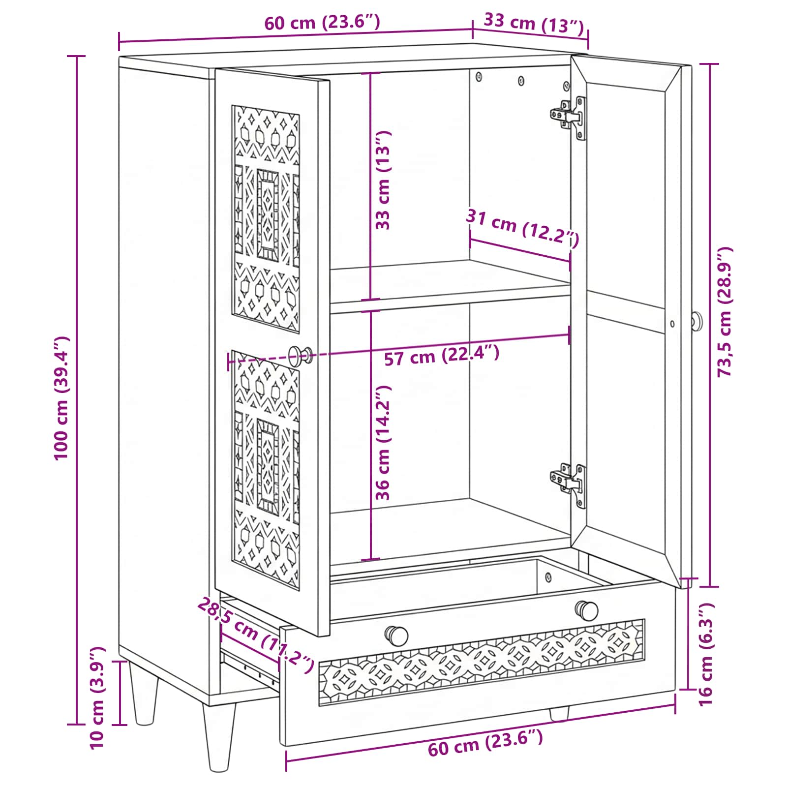 Highboard Λευκό 60 x 33 x 100 εκ. Μασίφ ξύλο μάνγκο - Pakobazaar