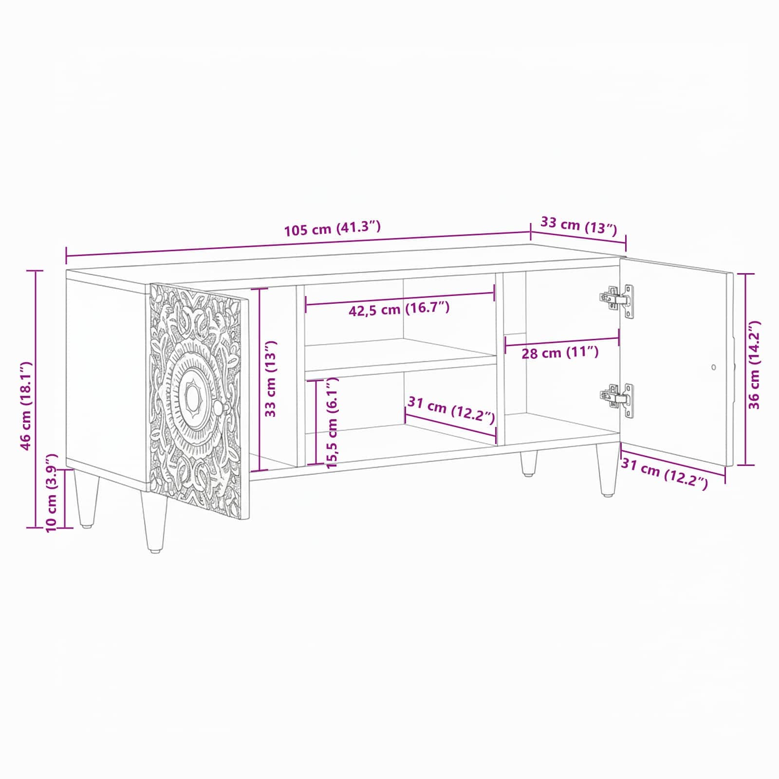 Ντουλάπι TV Λευκό 105 x 33,5 x 46 εκ. Στερεό ξύλο μάνγκο - Pakobazaar