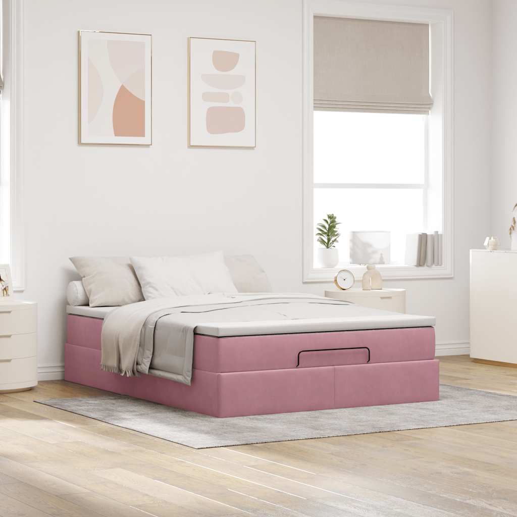 Οθωμανικό κρεβάτι με στρώμα ροζ 140x190cm Βελούδο
