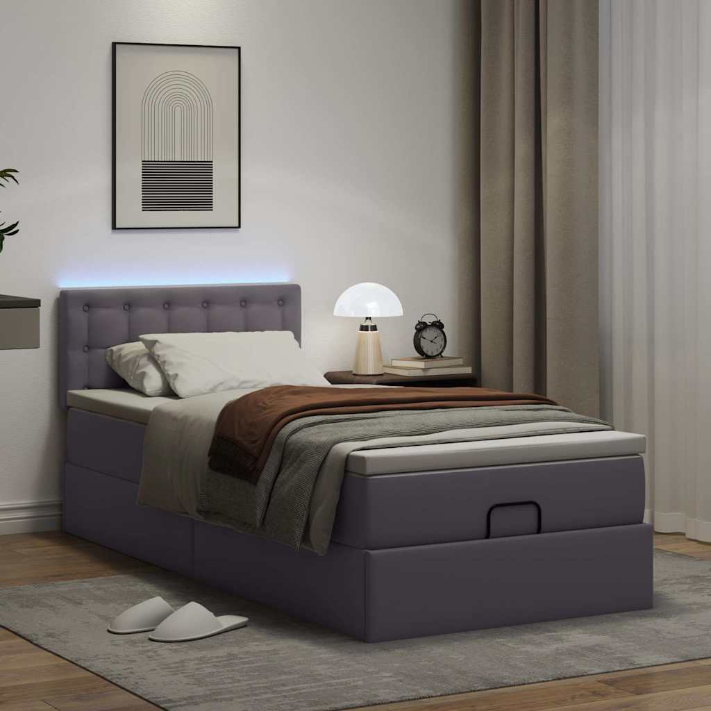 Οθωμανικό κρεβάτι με στρώματα & LEDs Γκρι 90x190cm Faux Leather - Pakobazaar