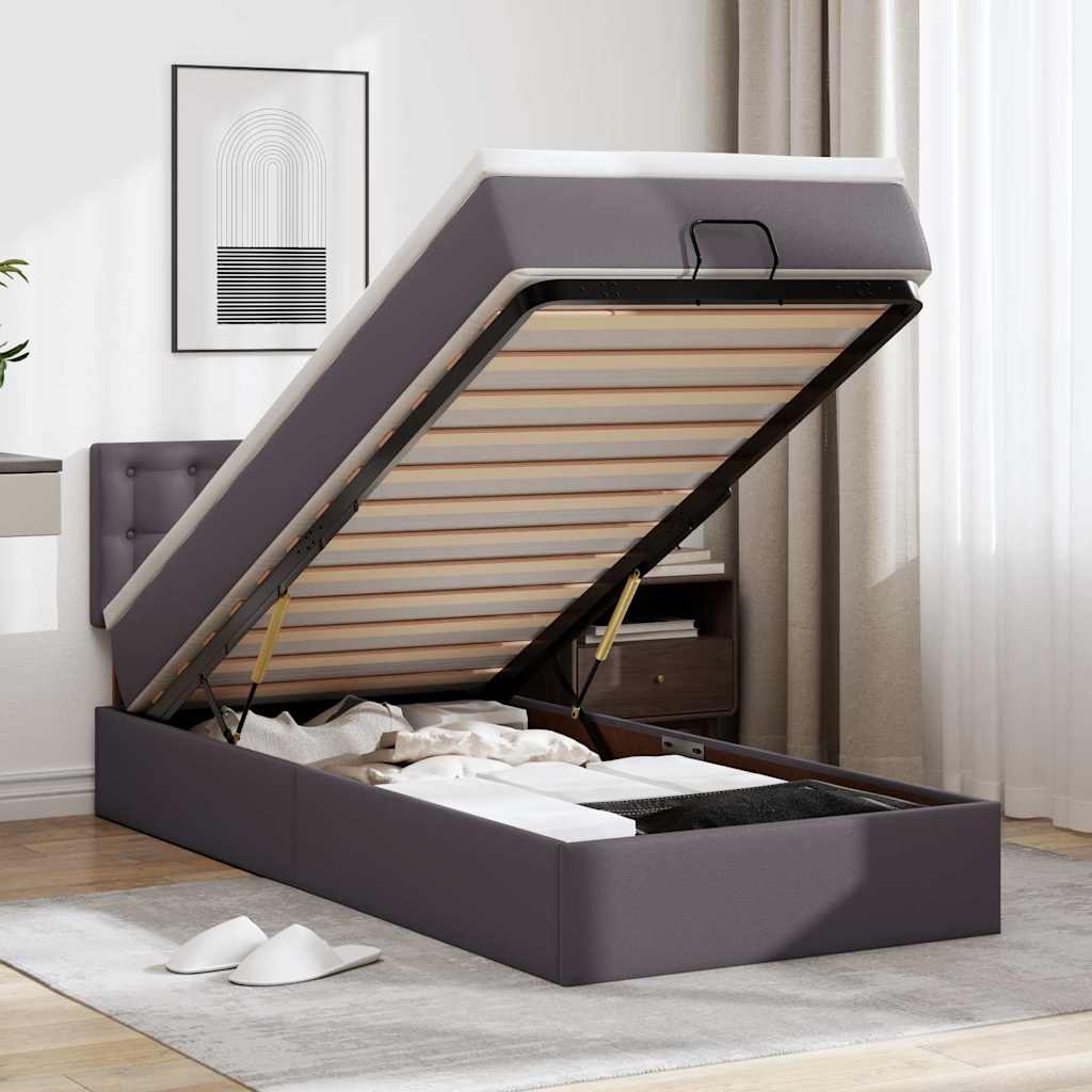 Οθωμανικό κρεβάτι με στρώματα & LEDs Γκρι 90x190cm Faux Leather - Pakobazaar