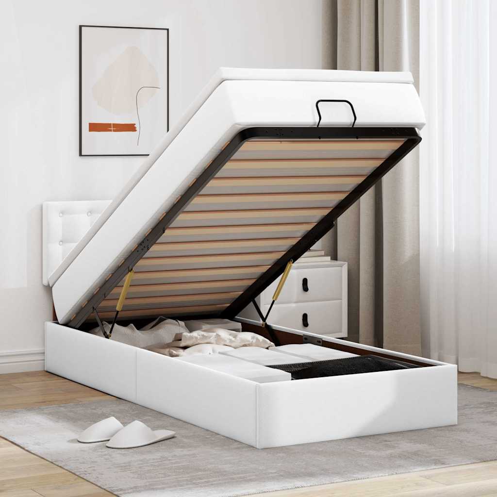 Ottoman Κρεβάτι με στρώματα & LED Καθαρό Λευκό Faux Leather - Pakobazaar