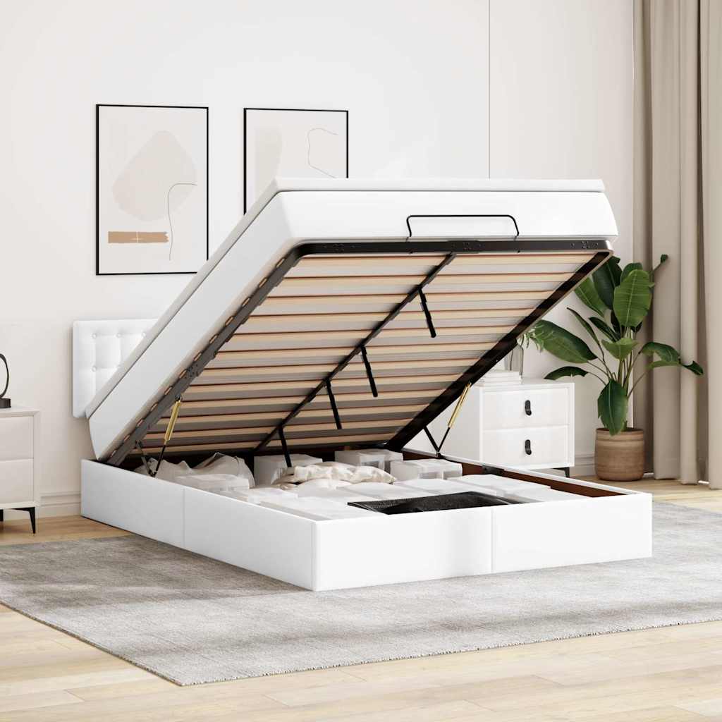 Οθωμανικό κρεβάτι με στρώματα & LEDs Καθαρό λευκό Faux Leather - Pakobazaar