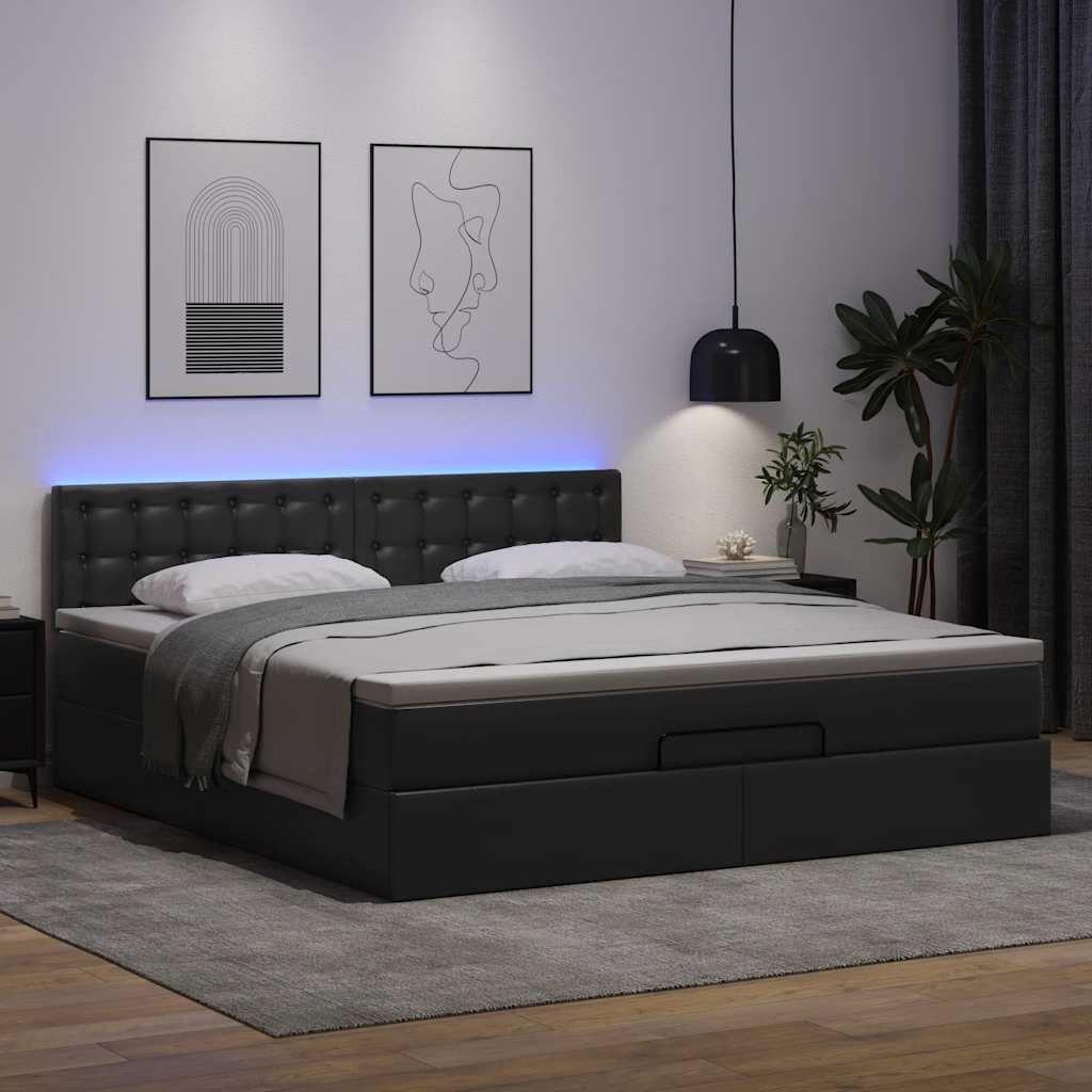Οθωμανικό κρεβάτι με στρώματα & LEDs Μαύρο Faux Leather - Pakobazaar