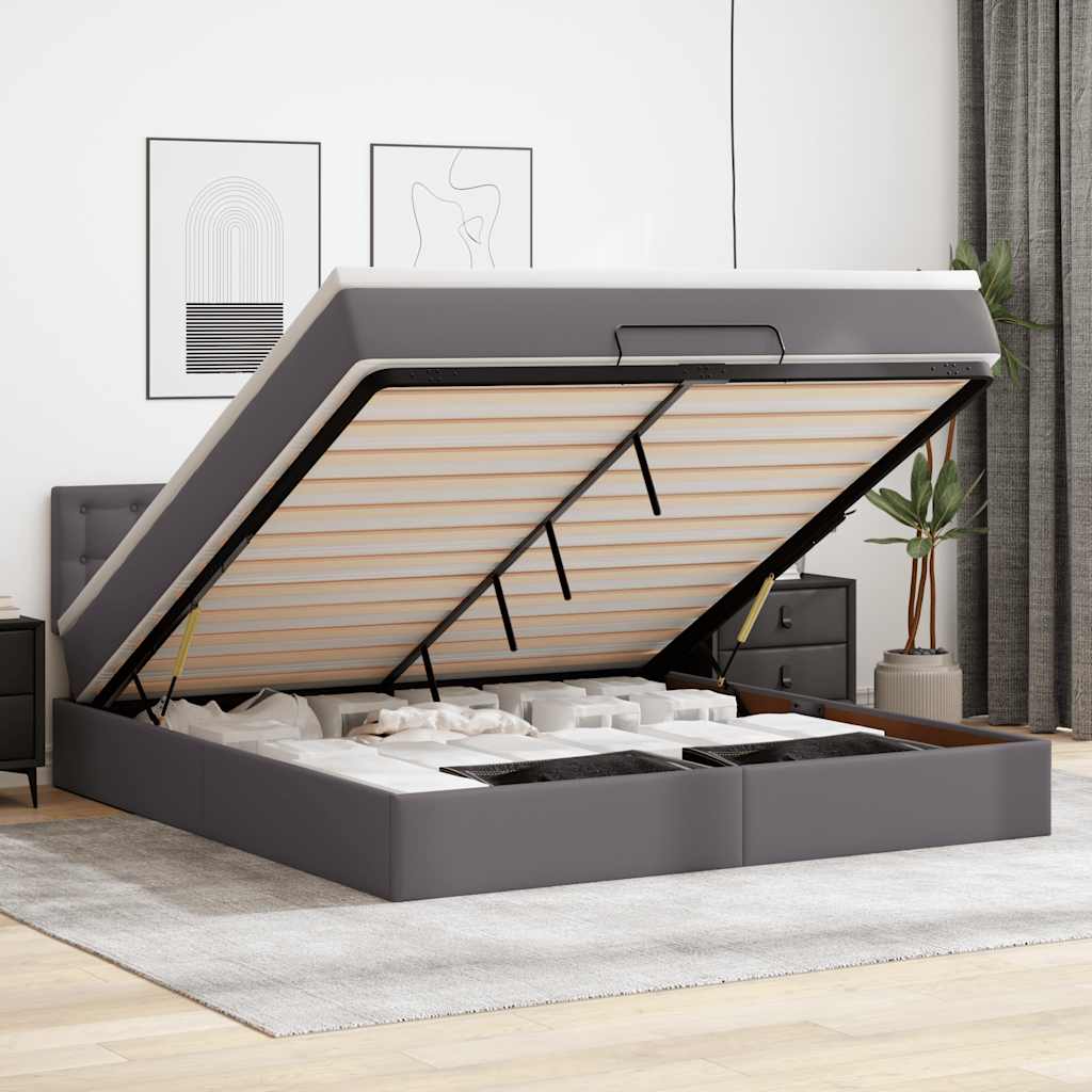 Οθωμανικό κρεβάτι με στρώματα & LEDs Γκρι Faux Leather