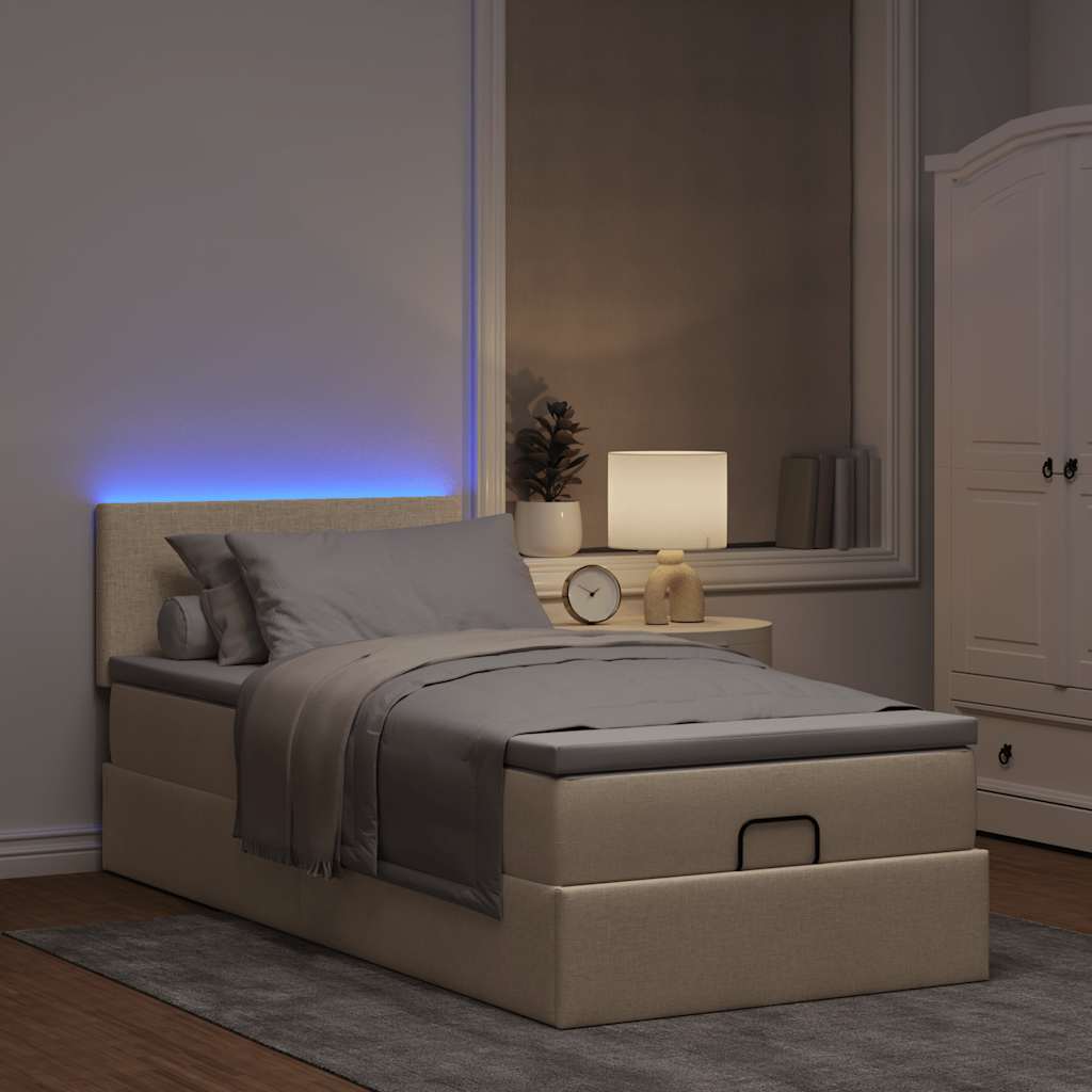 Οθωμανικό κρεβάτι με στρώμα & LEDs Cream 100x200 cm Ύφασμα