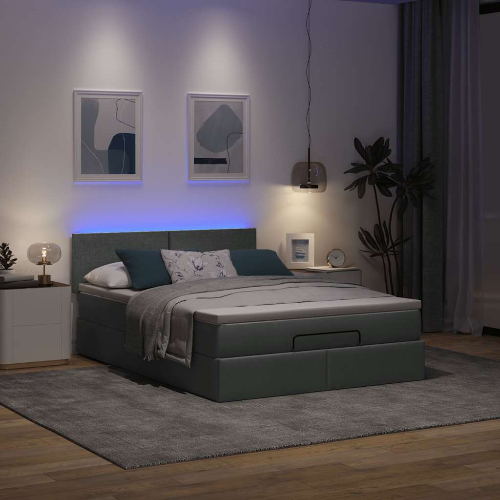 Οθωμανικό κρεβάτι με στρώμα & LEDs Σκούρο γκρι 140x200cm Ύφασμα