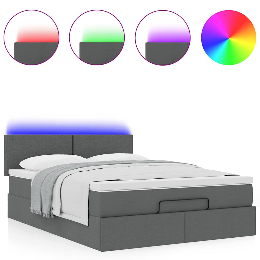 Οθωμανικό κρεβάτι με στρώμα & LEDs Σκούρο γκρι 140x200cm Ύφασμα