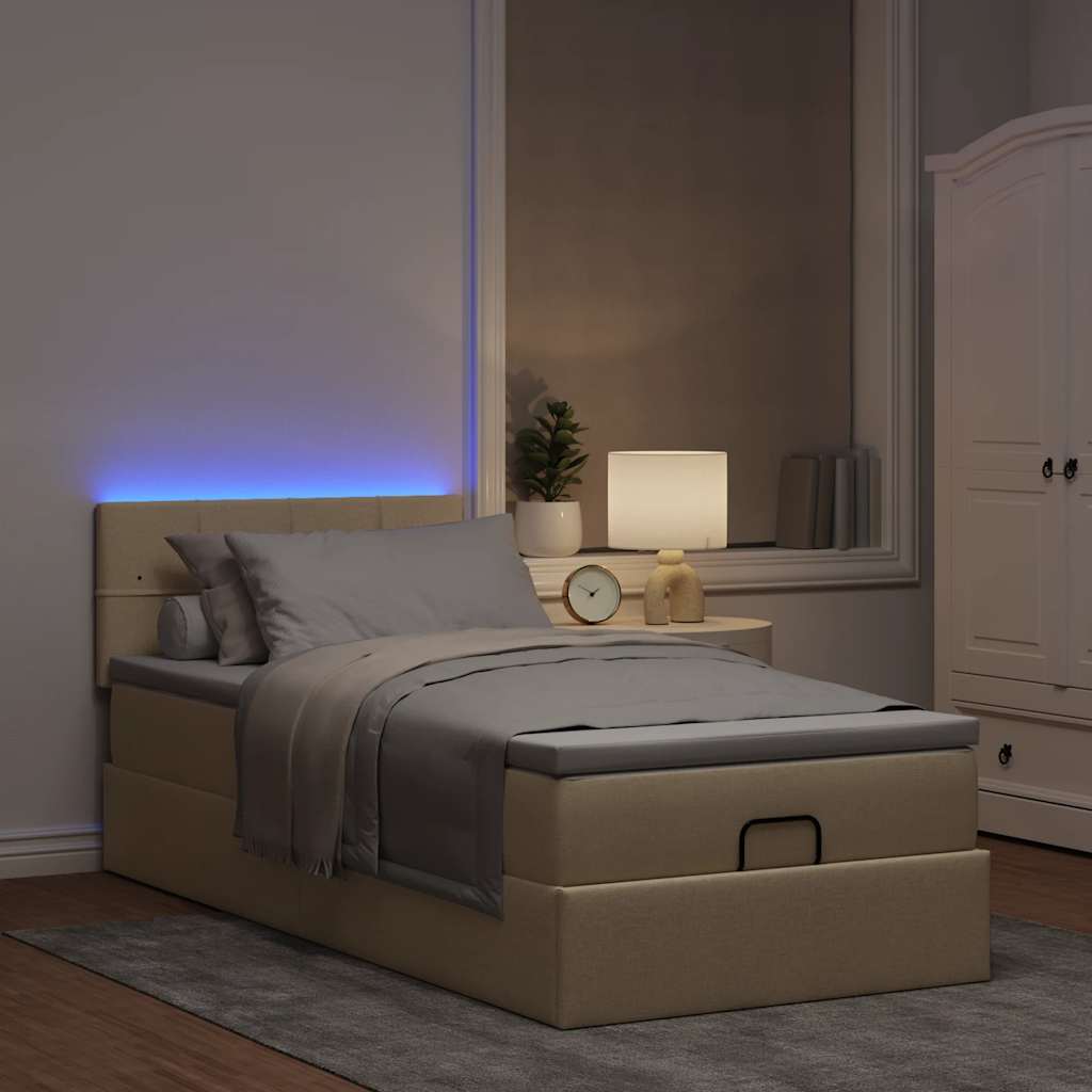 Οθωμανικό κρεβάτι με στρώμα & LEDs Cream 90x200 cm Ύφασμα