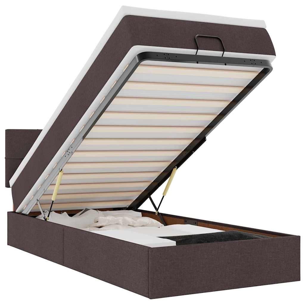 Οθωμανικό κρεβάτι με στρώμα & LEDs Σκούρο καφέ 100x200cm Ύφασμα - Pakobazaar