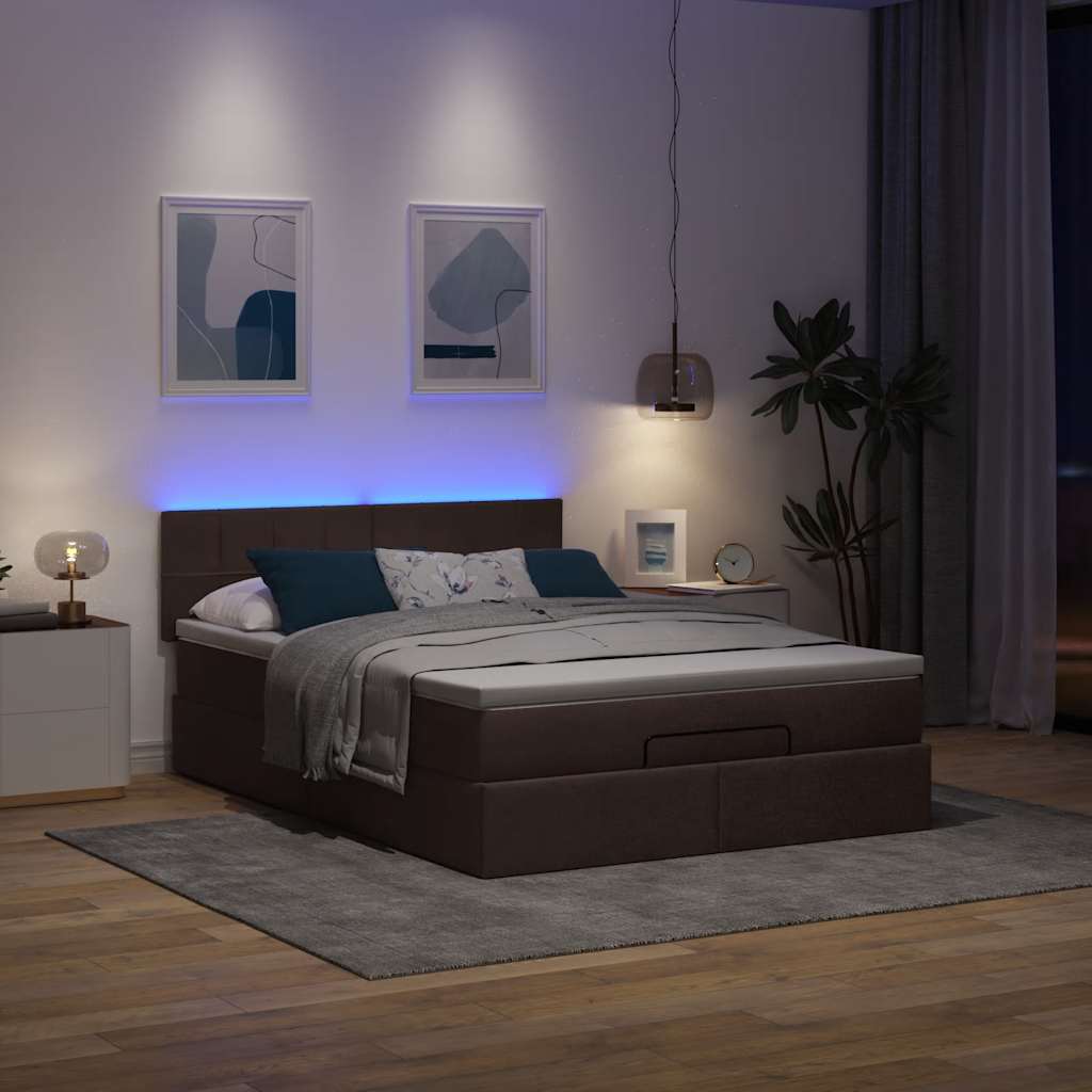Οθωμανικό κρεβάτι με στρώμα & LEDs Σκούρο καφέ 140x190cm Ύφασμα