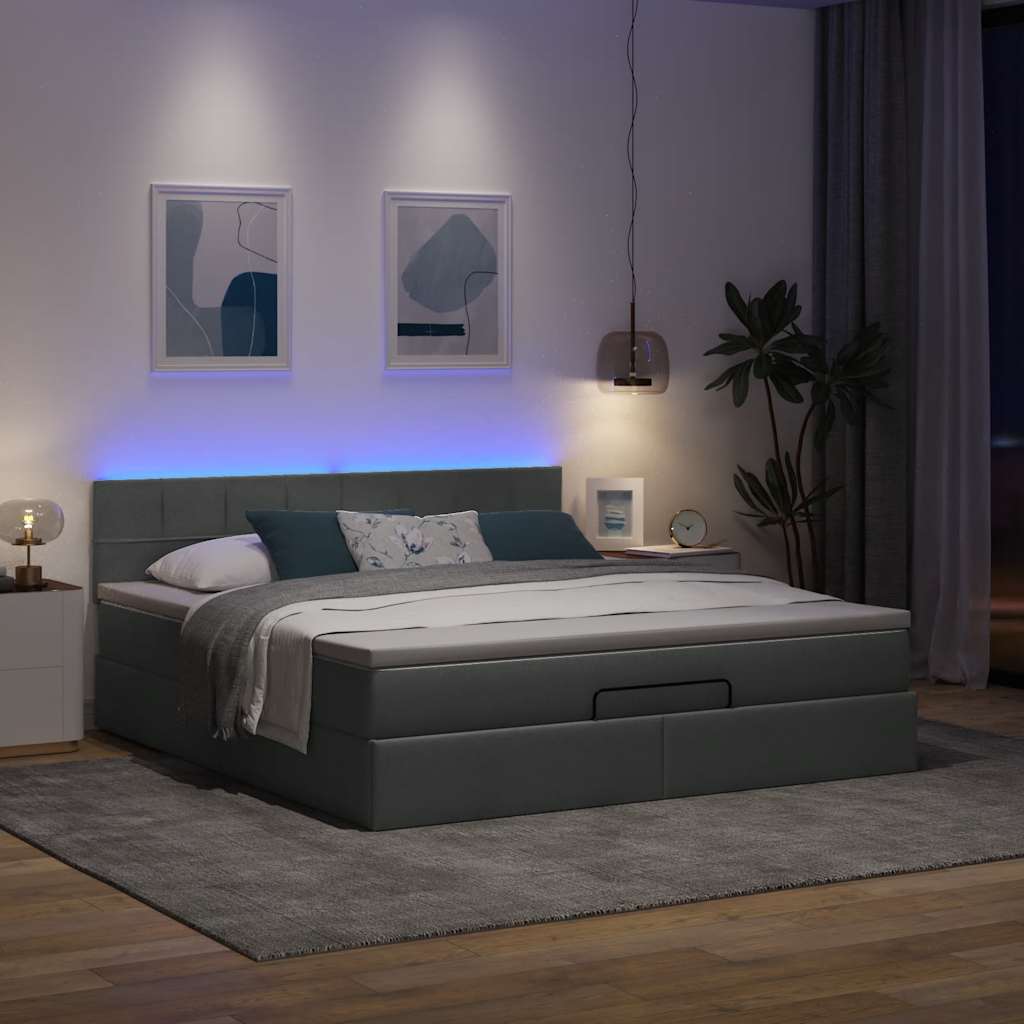 Οθωμανικό κρεβάτι με στρώμα & LEDs Σκούρο γκρι 180x200cm ύφασμα - Pakobazaar