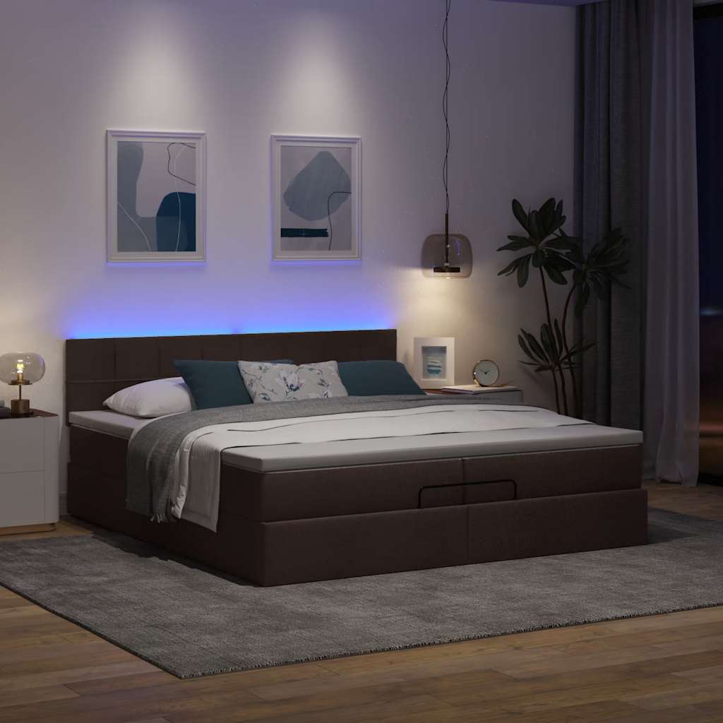 Οθωμανικό κρεβάτι με στρώματα&LEDs Σκούρο καφέ 200x200cm ύφασμα - Pakobazaar