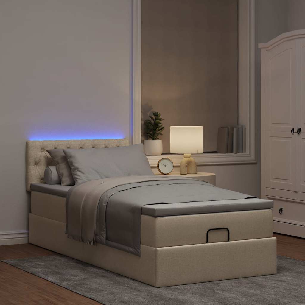 Οθωμανικό κρεβάτι με στρώμα & LEDs Cream 90x190cm ύφασμα - Pakobazaar
