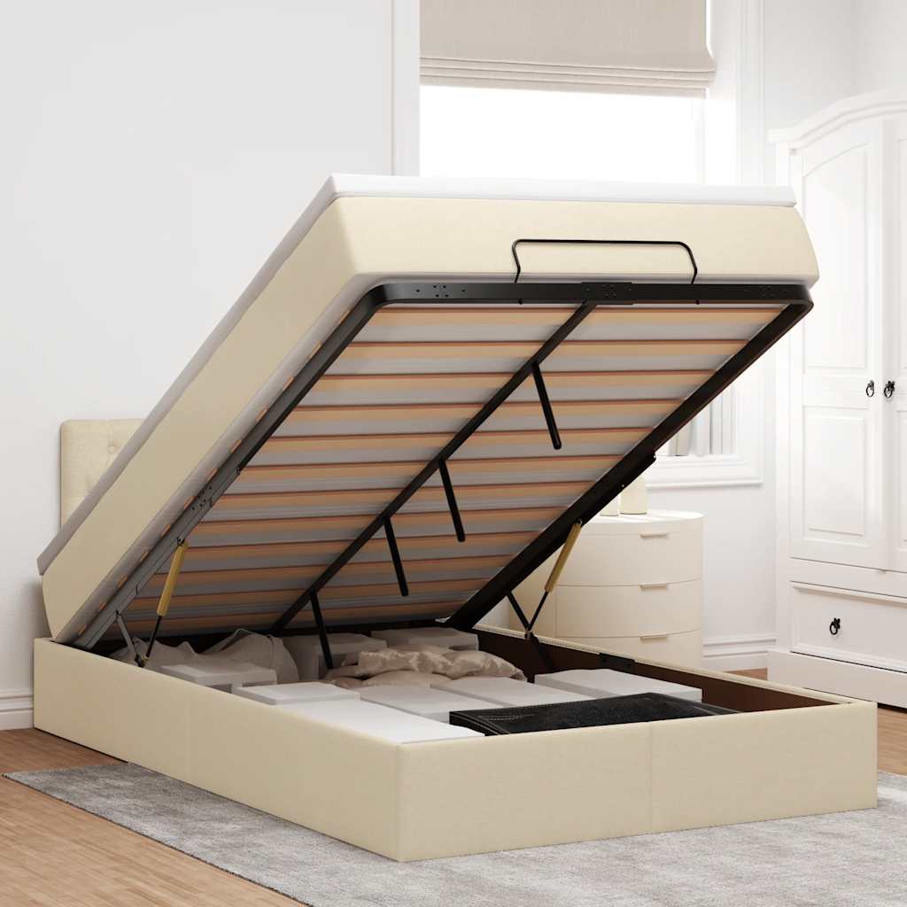 Οθωμανικό κρεβάτι με στρώμα & LEDs Cream 120x200cm ύφασμα - Pakobazaar