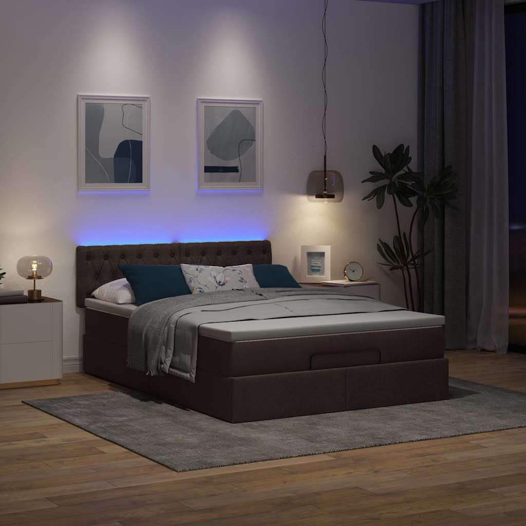 Οθωμανικό κρεβάτι με στρώμα & LEDs Σκούρο καφέ 140x190cm Ύφασμα - Pakobazaar