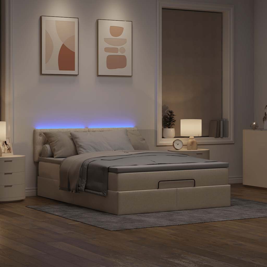 Οθωμανικό κρεβάτι με στρώμα & LEDs Cream 140x190cm Ύφασμα - Pakobazaar