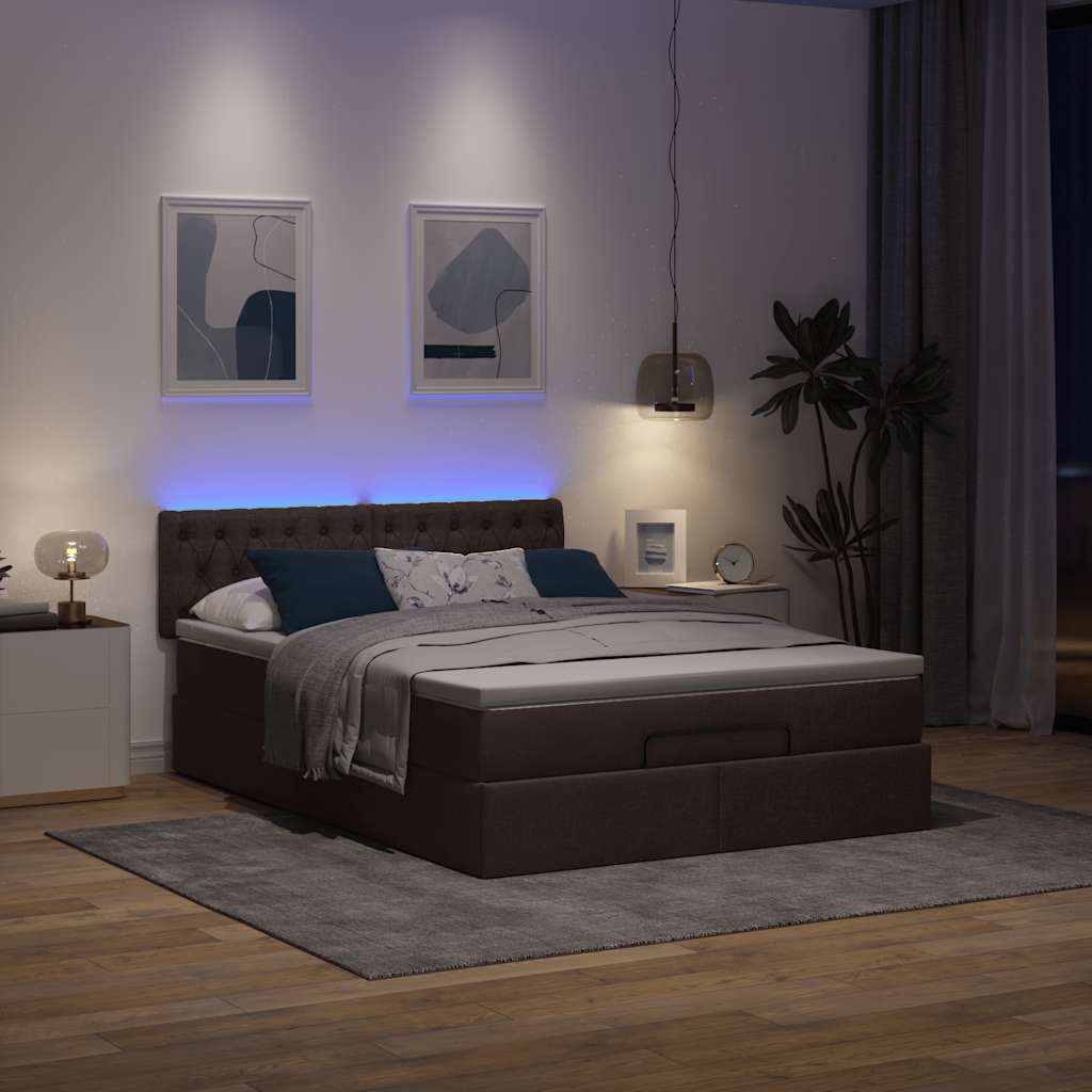 Οθωμανικό κρεβάτι με στρώμα & LEDs Σκούρο καφέ 140x200cm ύφασμα
