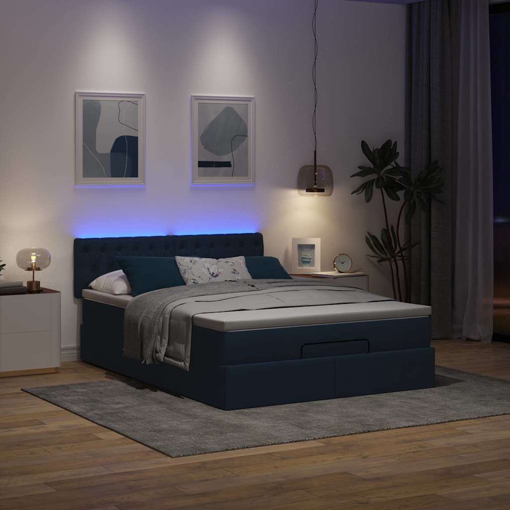 Οθωμανικό κρεβάτι με στρώμα & LEDs Μπλε 140x200cm ύφασμα