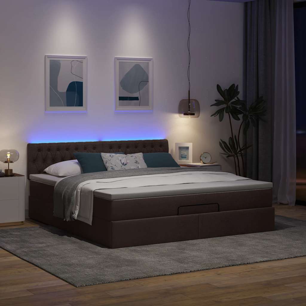 Οθωμανικό κρεβάτι με στρώμα & LEDs Σκούρο καφέ 160x200cm ύφασμα - Pakobazaar