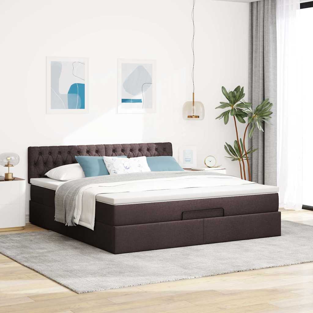 Οθωμανικό κρεβάτι με στρώμα & LEDs Σκούρο καφέ 160x200cm ύφασμα - Pakobazaar