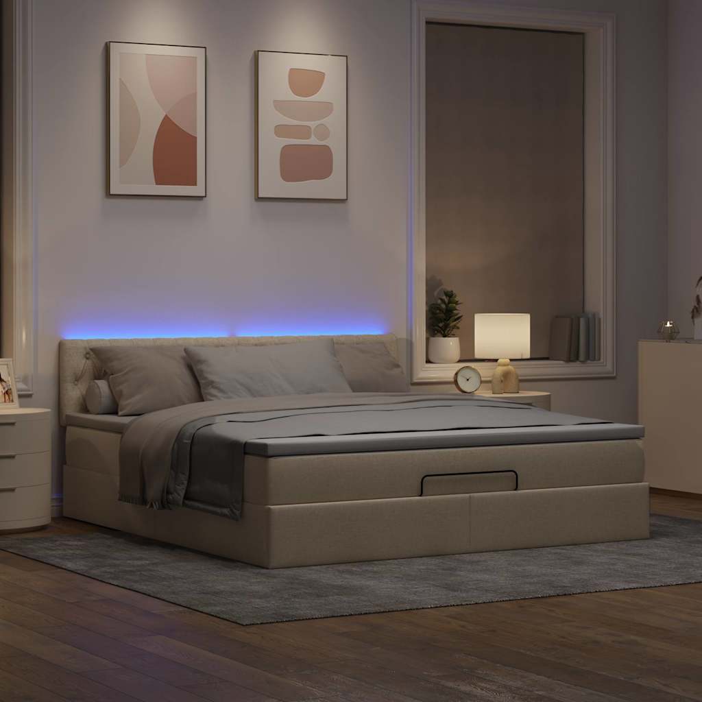 Οθωμανικό κρεβάτι με στρώμα & LEDs Cream 160x200cm ύφασμα - Pakobazaar