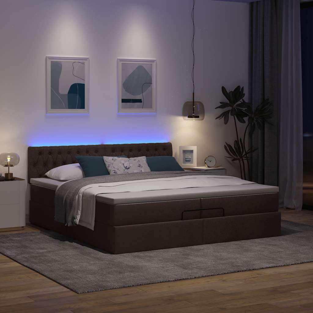 Οθωμανικό κρεβάτι με στρώματα&LEDs Σκούρο καφέ 200x200cm ύφασμα
