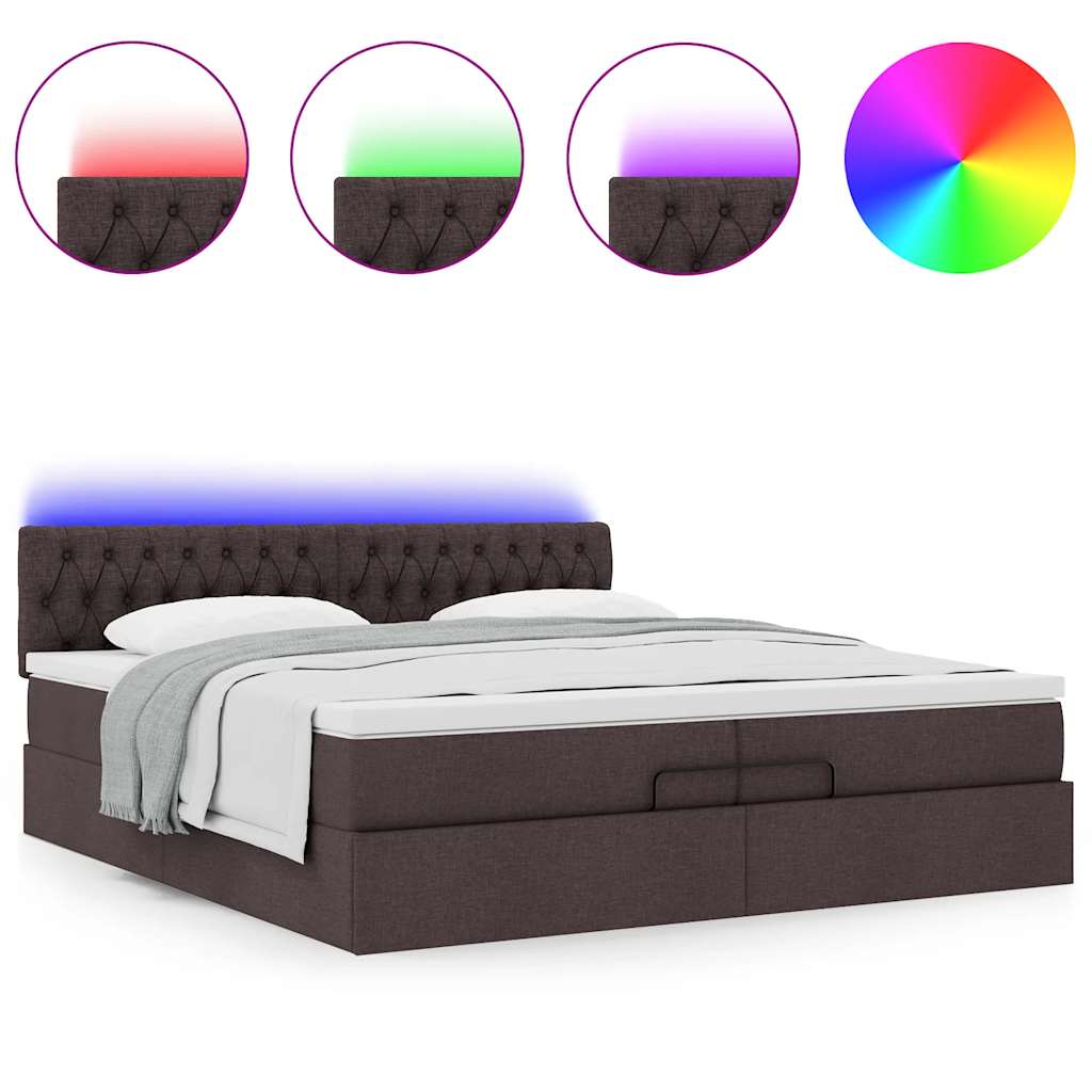 Οθωμανικό κρεβάτι με στρώματα&LEDs Σκούρο καφέ 200x200cm ύφασμα