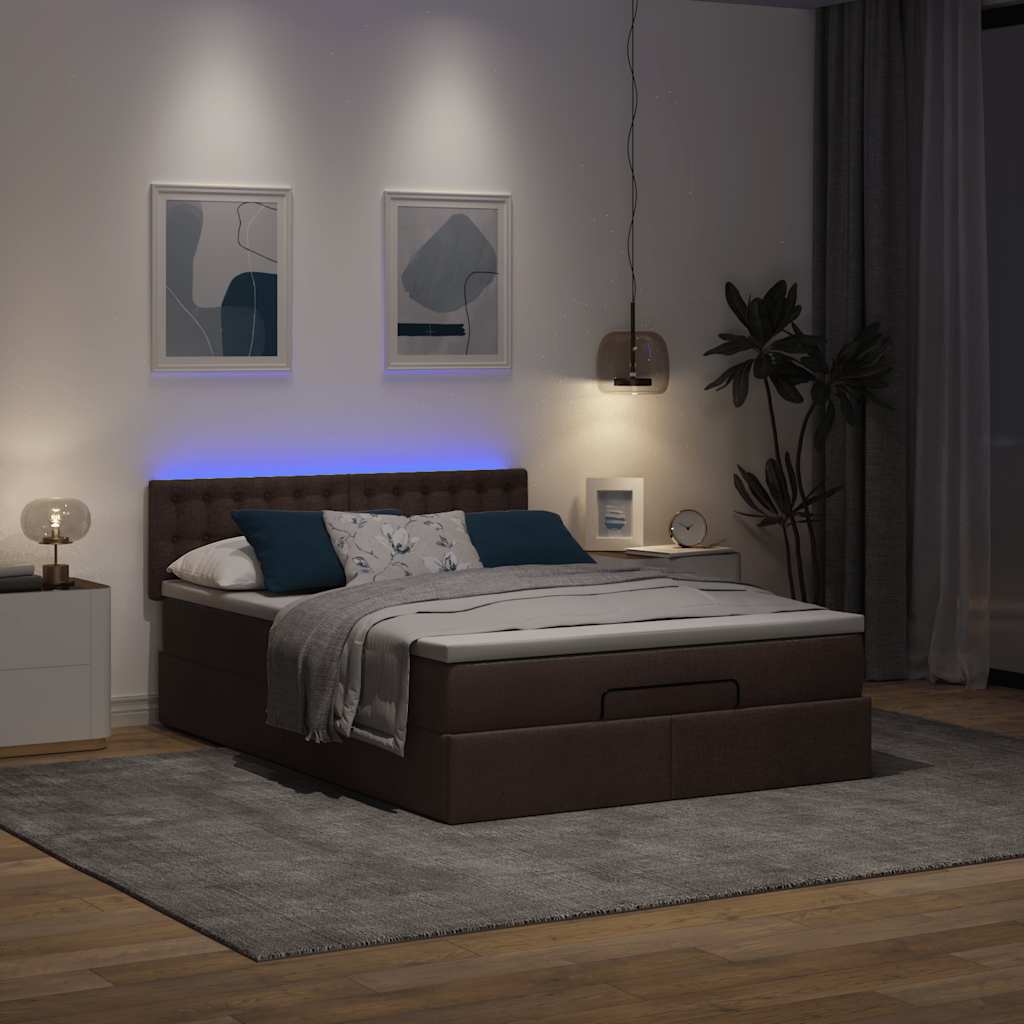 Οθωμανικό κρεβάτι με στρώμα & LEDs Σκούρο καφέ 140x190cm Ύφασμα