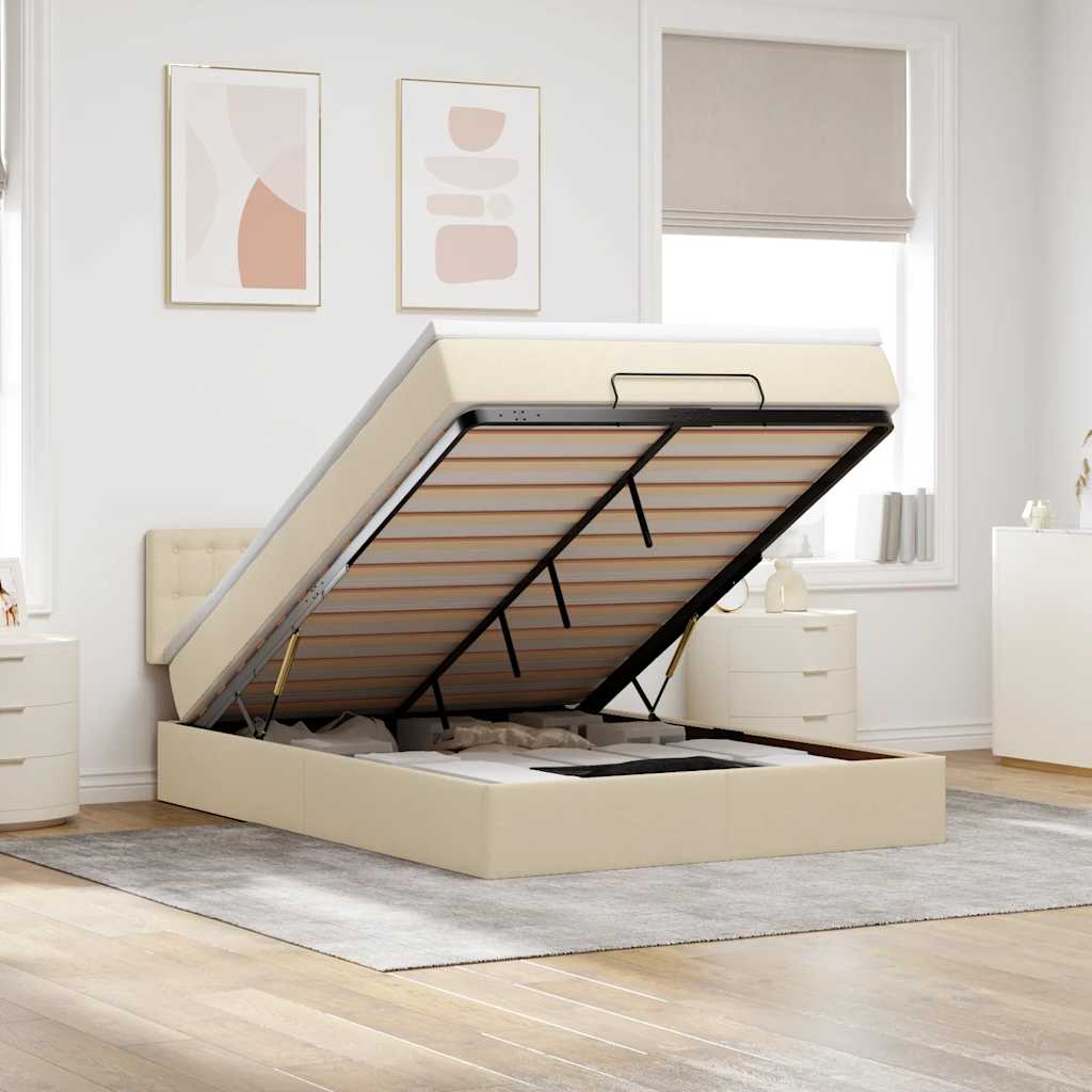 Οθωμανικό κρεβάτι με στρώμα & LEDs Cream 140x190cm Ύφασμα - Pakobazaar