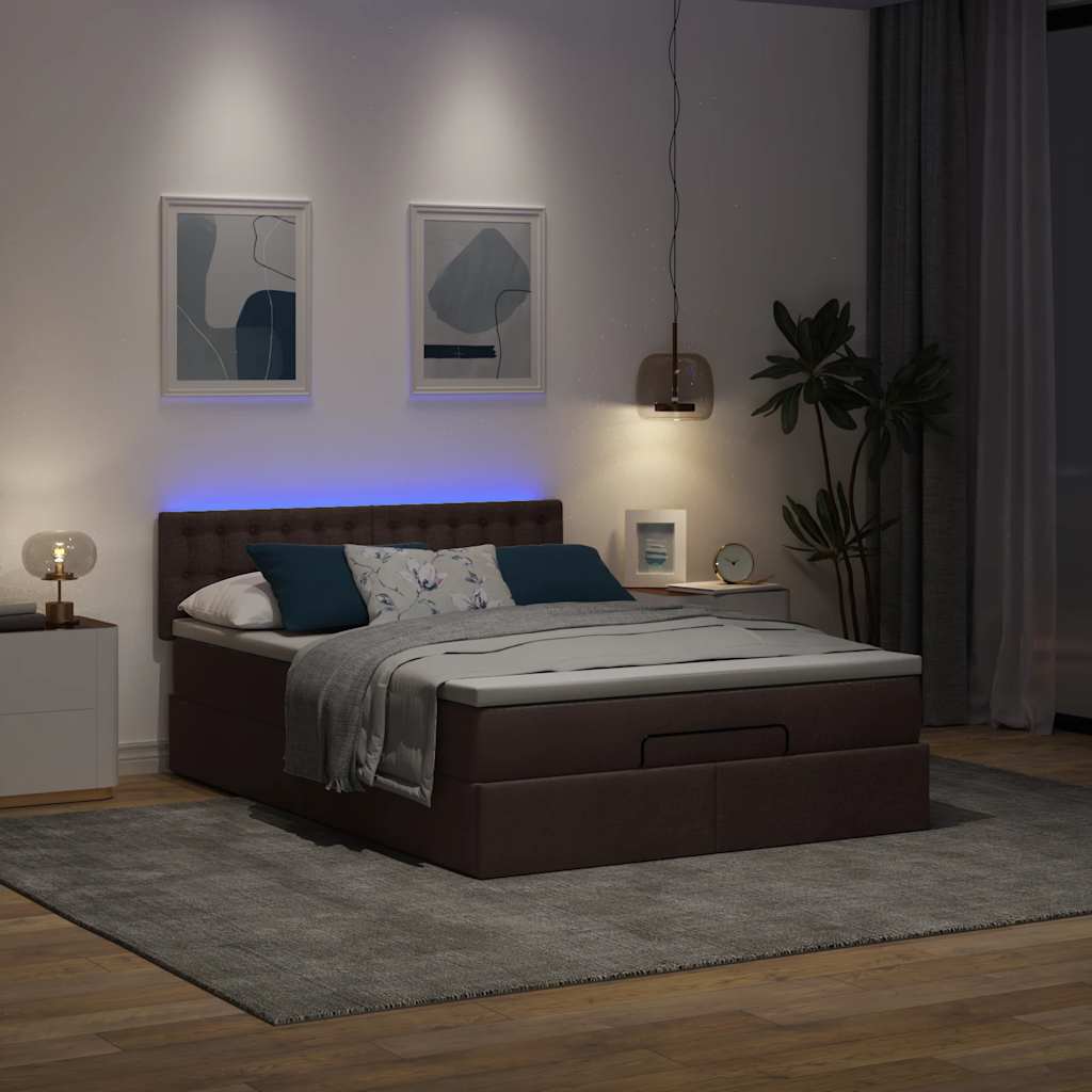 Οθωμανικό κρεβάτι με στρώμα & LEDs Σκούρο καφέ 140x200cm ύφασμα