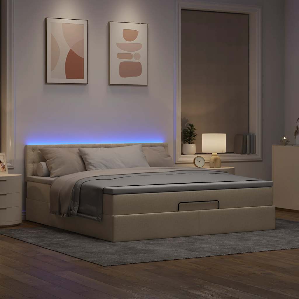 Οθωμανικό κρεβάτι με στρώμα & LEDs Cream 160x200cm ύφασμα - Pakobazaar