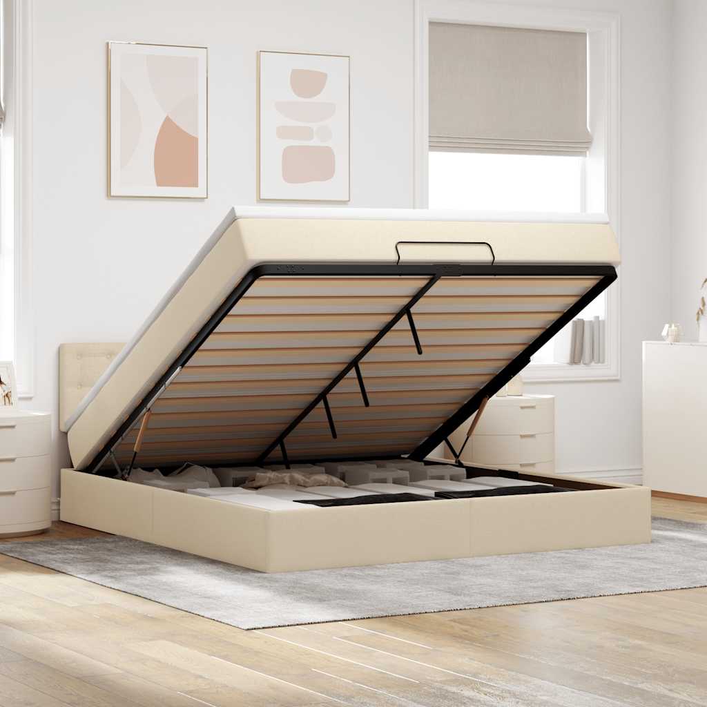 Οθωμανικό κρεβάτι με στρώμα & LEDs Cream 160x200cm ύφασμα - Pakobazaar