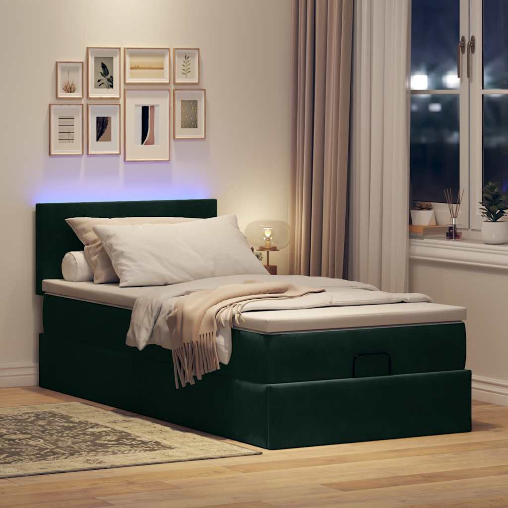 Οθωμανικό κρεβάτι με στρώμα & LEDs Dark Green 90x190cm Velvet - Pakobazaar