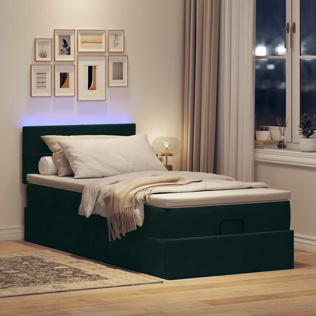 Οθωμανικό κρεβάτι με στρώμα & LEDs Dark Green 90x200cm Velvet - Pakobazaar